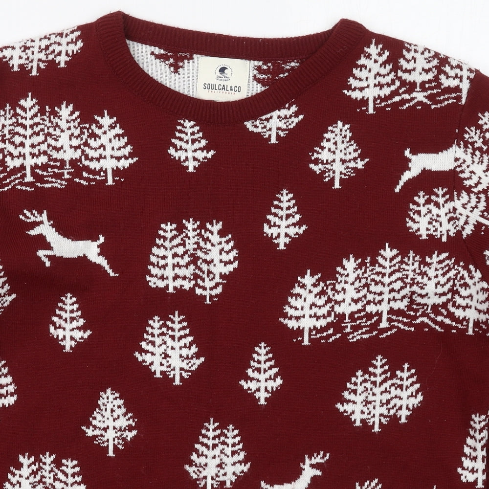 SoulCal&Co Mens Red Crew Neck  Acrylic Pullover Jumper Size M   - Trees and Deer