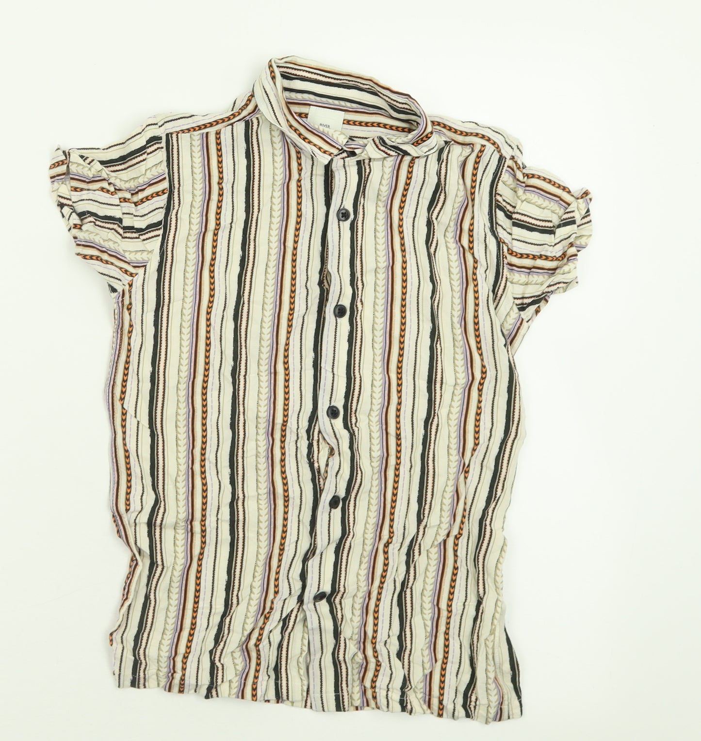 River Island Boys Beige Geometric Viscose Basic Button-Up Size 9-10 Years Collared Button