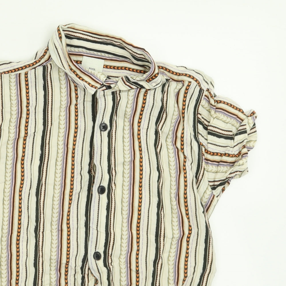 River Island Boys Beige Geometric Viscose Basic Button-Up Size 9-10 Years Collared Button