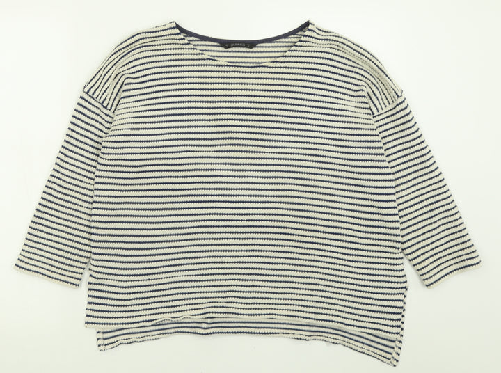 Dunnes Stores Womens Blue Crew Neck Striped Cotton Pullover Jumper Size 14