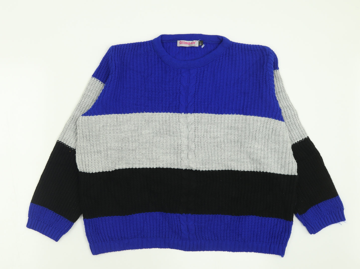 Glimpse Womens Blue Crew Neck Striped Acrylic Pullover Jumper Size L