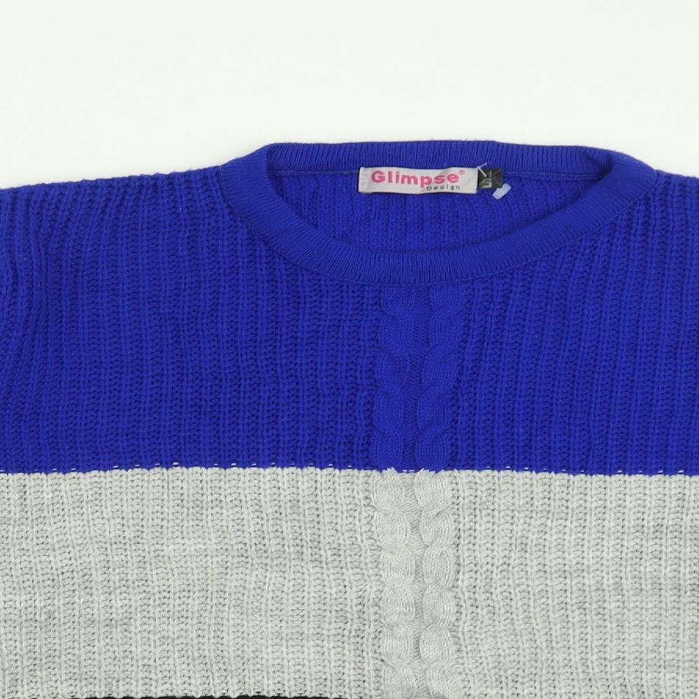Glimpse Womens Blue Crew Neck Striped Acrylic Pullover Jumper Size L