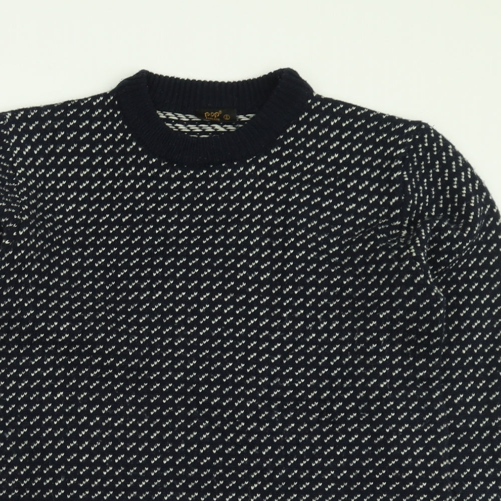 POP Womens Blue Crew Neck Geometric Acrylic Pullover Jumper Size S