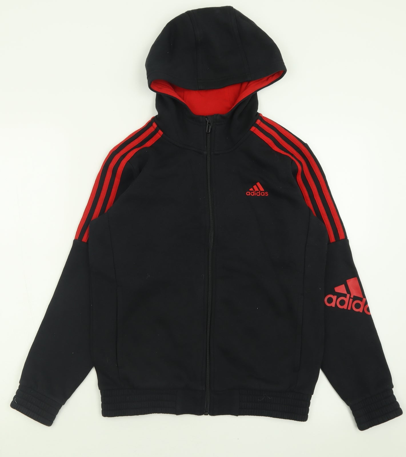 adidas Boys Black Striped Cotton Full Zip Hoodie Size 11-12 Years  Zip