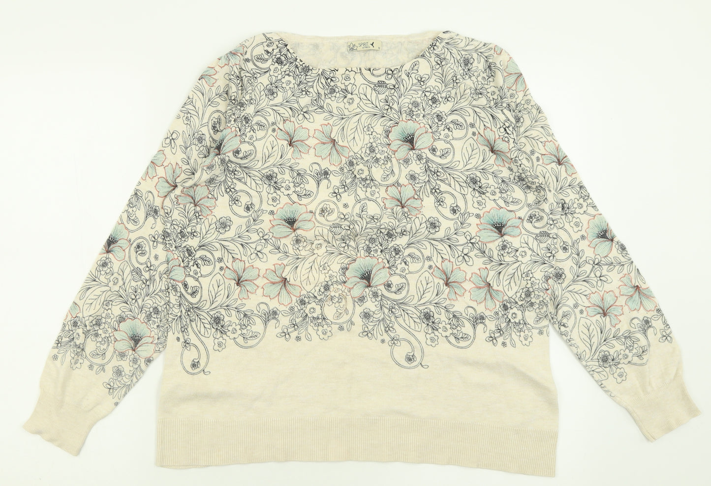 M&Co Womens Beige Crew Neck Floral Viscose Pullover Jumper Size 18