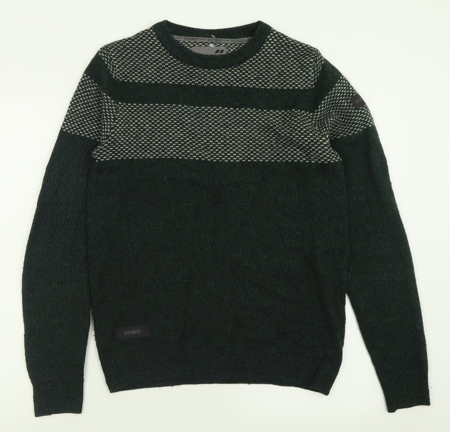 Dissident Mens Green Crew Neck Geometric Acrylic Pullover Jumper Size S