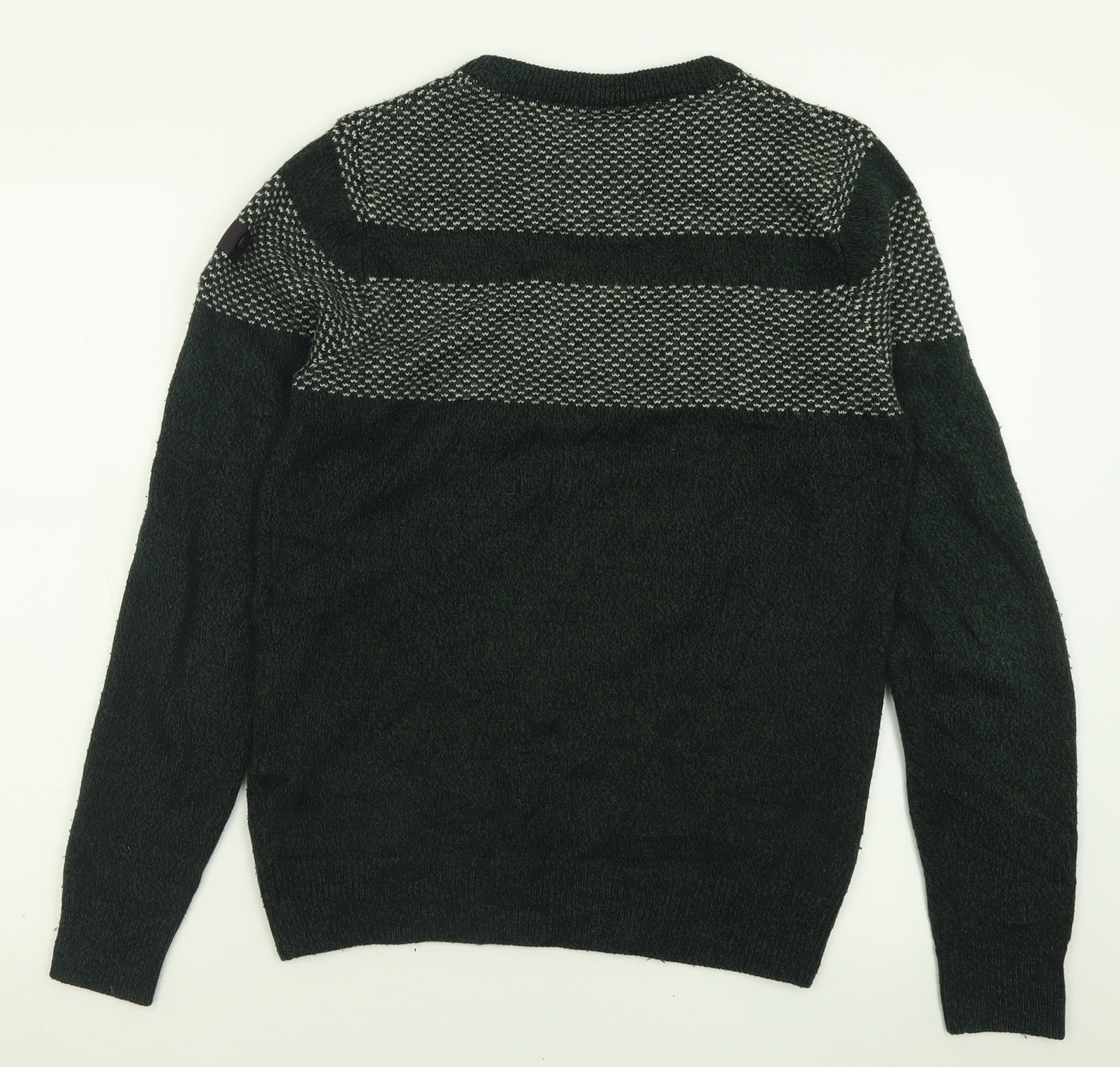 Dissident Mens Green Crew Neck Geometric Acrylic Pullover Jumper Size S