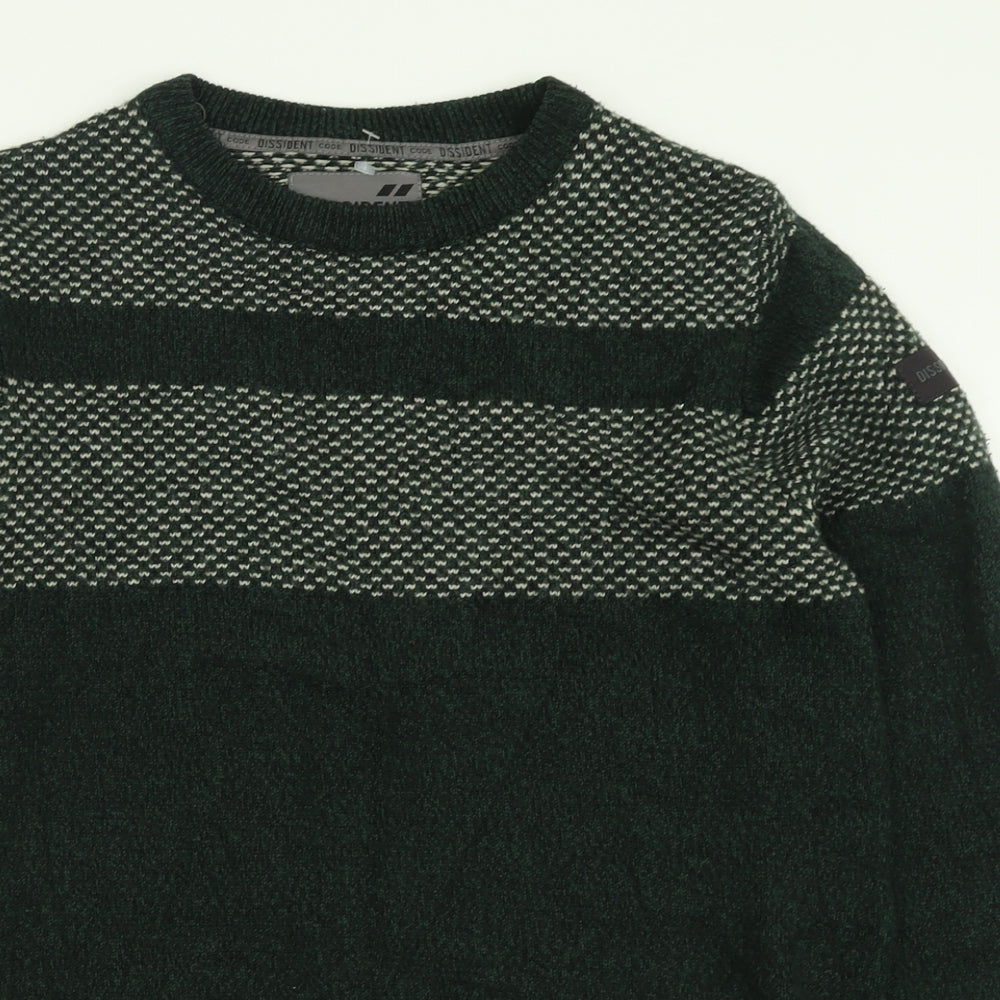Dissident Mens Green Crew Neck Geometric Acrylic Pullover Jumper Size S