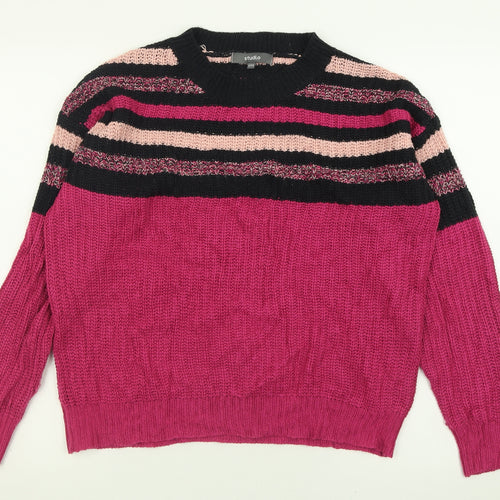 Studio Womens Purple Crew Neck Striped Acrylic Pullover Jumper Size 12