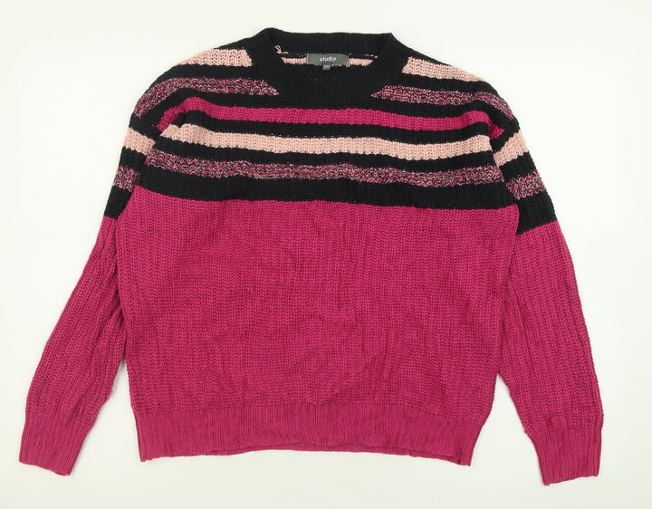 Studio Womens Purple Crew Neck Striped Acrylic Pullover Jumper Size 12