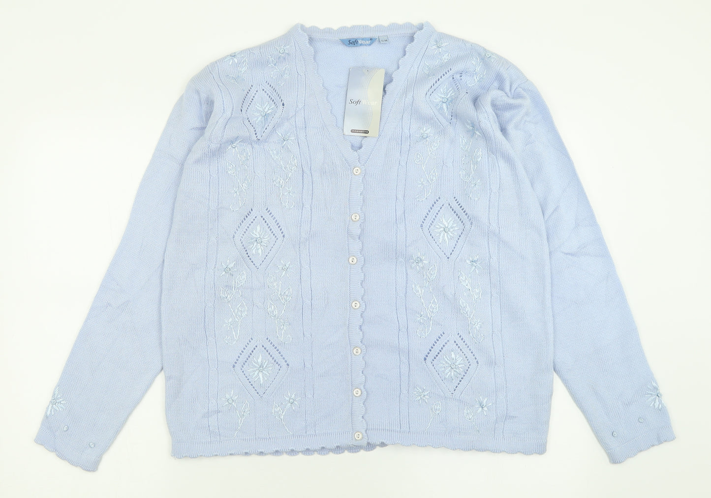 Soft Wear Womens Blue V-Neck Geometric Acrylic Cardigan Jumper Size S
