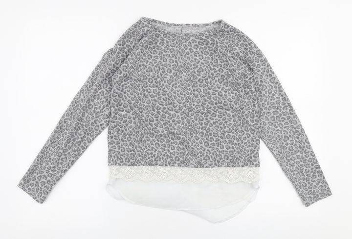 Young Dimension Girls Grey Round Neck Animal Print Polyester Pullover Jumper Size 11-12 Years Pullover