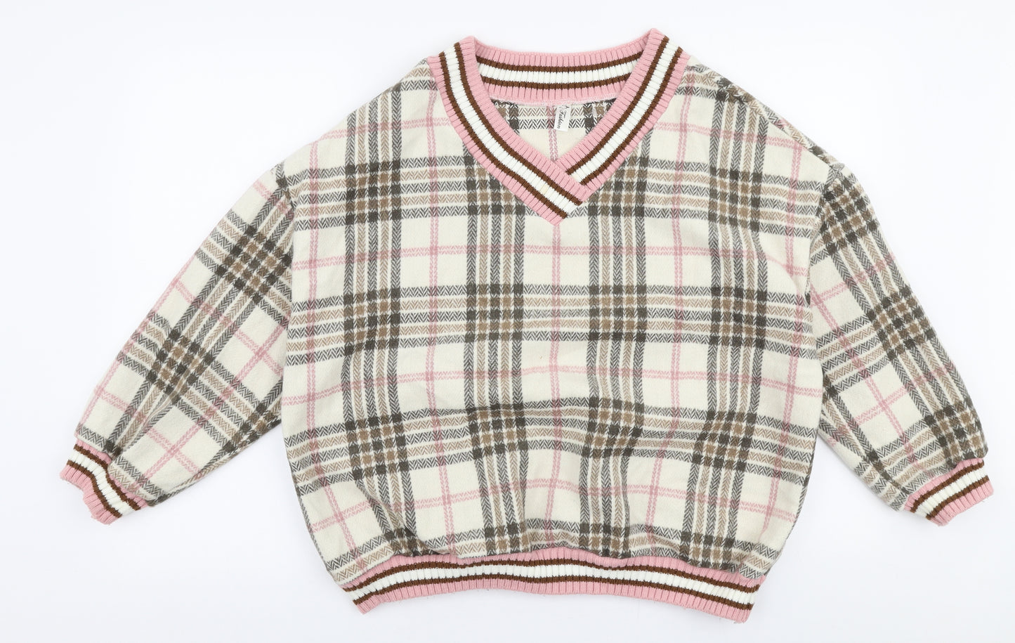 Fashion Womens Multicoloured V-Neck Plaid Polyester Pullover Jumper Size L
