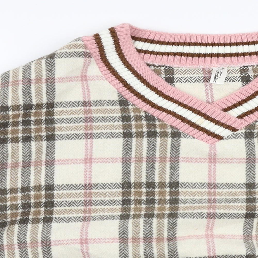Fashion Womens Multicoloured V-Neck Plaid Polyester Pullover Jumper Size L