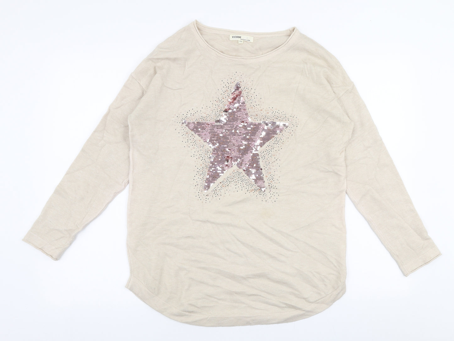 V Code Womens Beige Round Neck  Viscose Pullover Jumper Size M   - Star