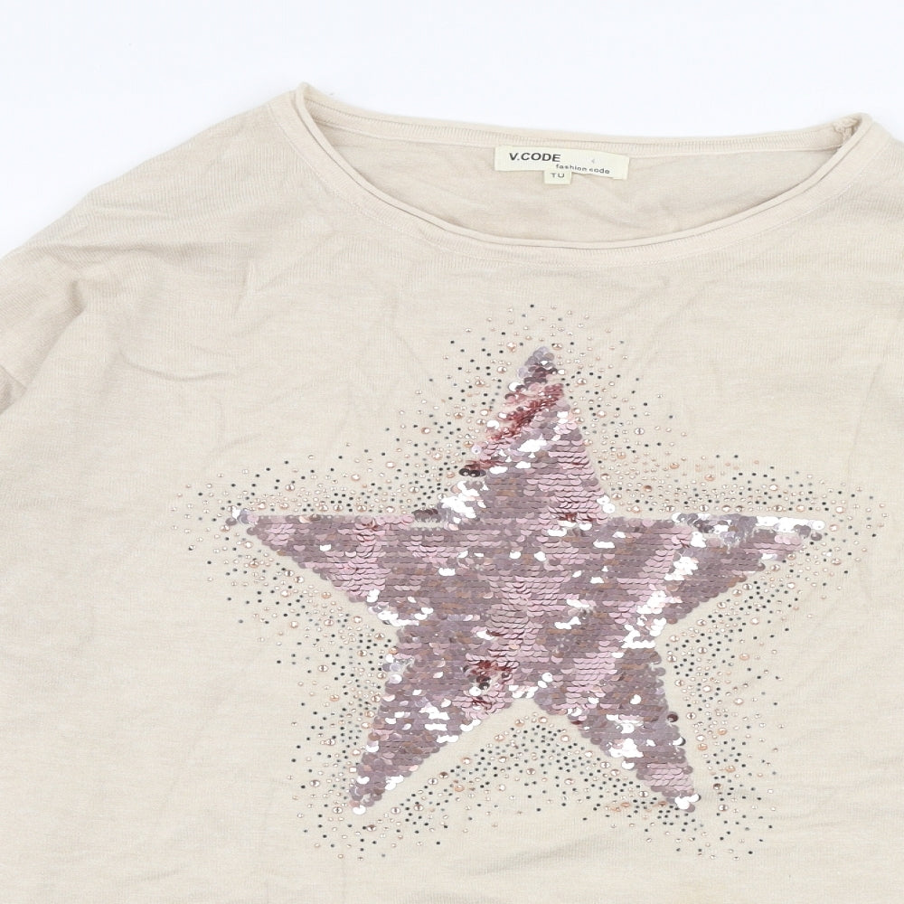 V Code Womens Beige Round Neck  Viscose Pullover Jumper Size M   - Star