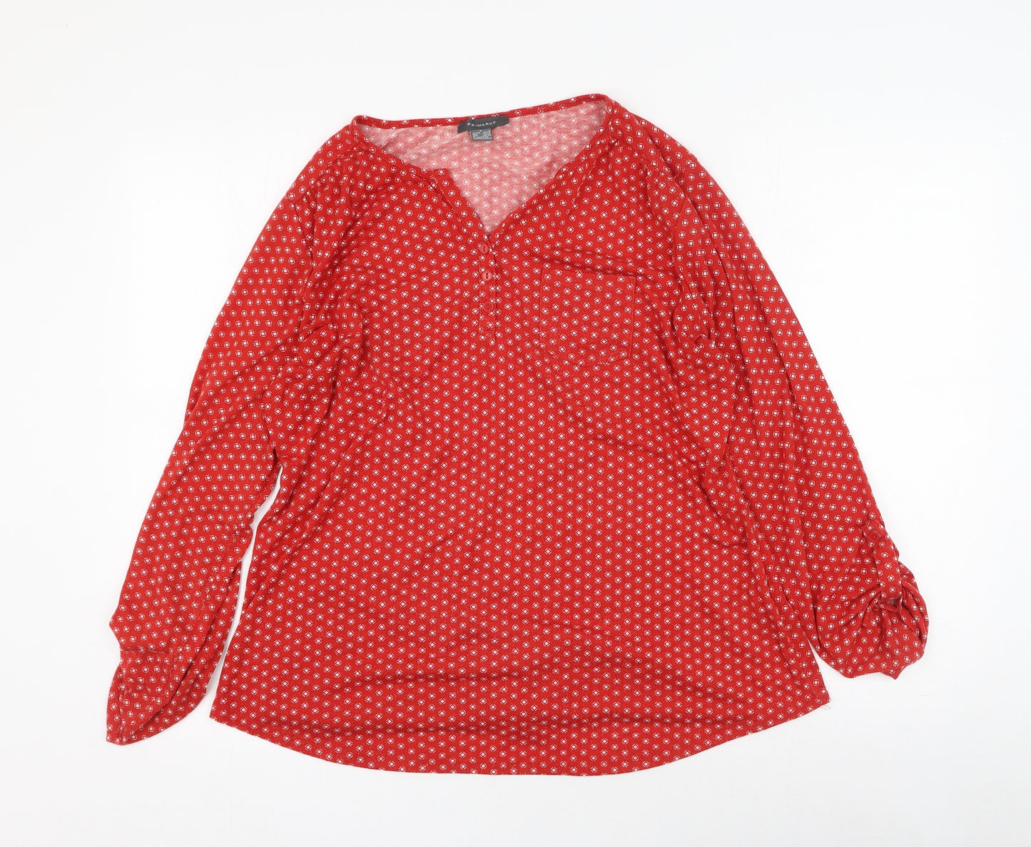 Primark Womens Red Geometric Polyester Basic Blouse Size L V-Neck