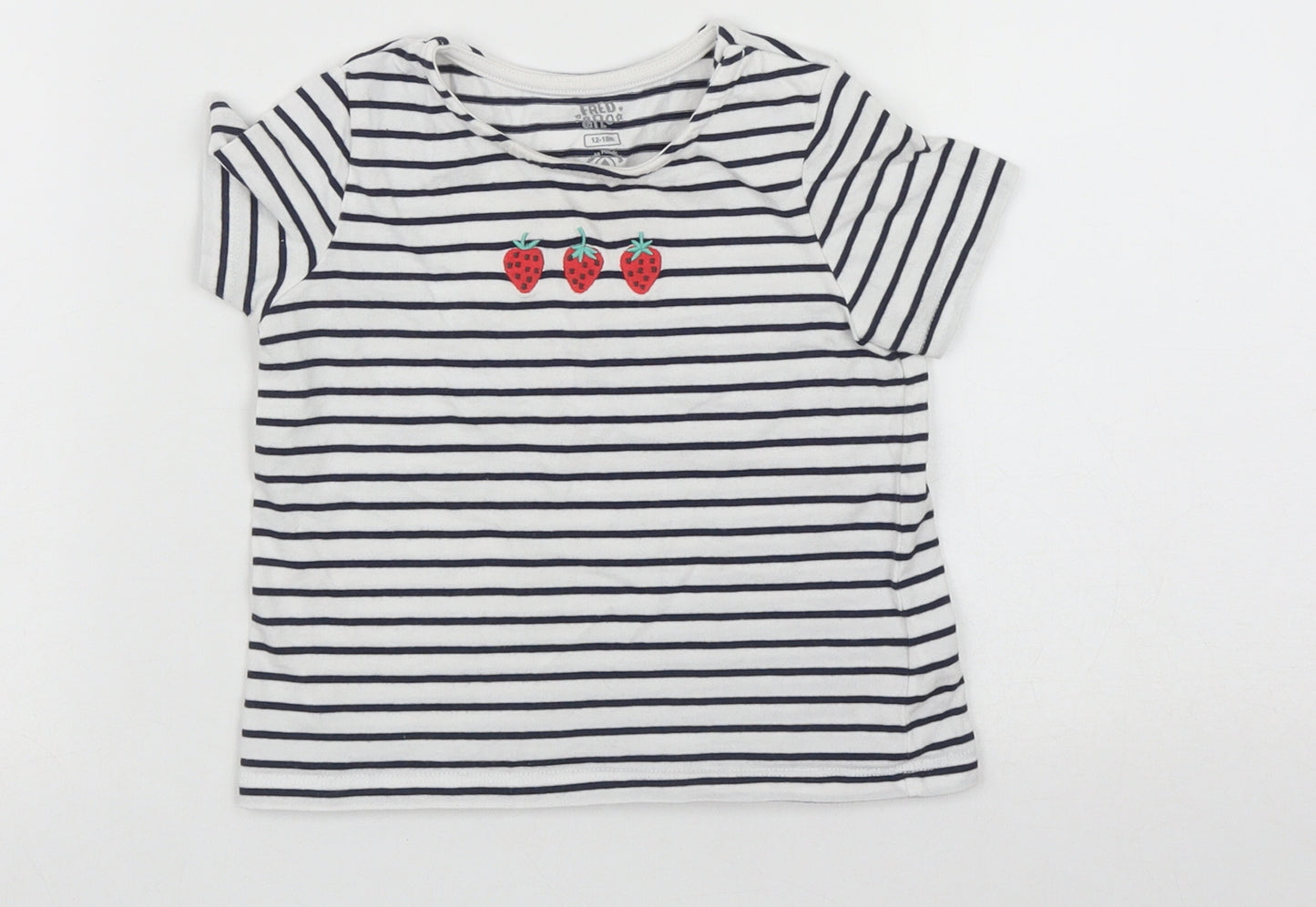 F&F Girls Ivory Striped Cotton Basic T-Shirt Size 12-18 Months Round Neck  - Strawberry Logo