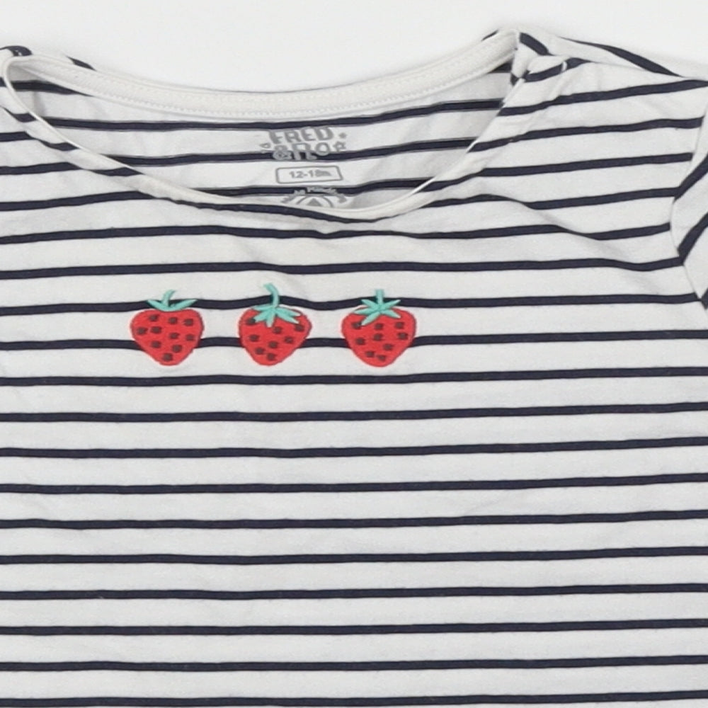 F&F Girls Ivory Striped Cotton Basic T-Shirt Size 12-18 Months Round Neck  - Strawberry Logo
