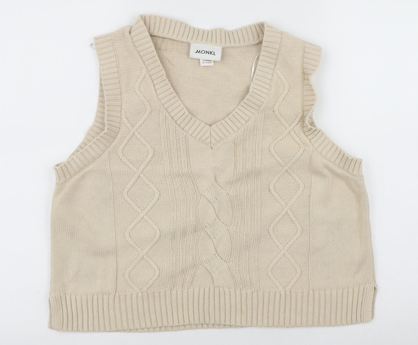 monkl Womens Beige V-Neck  Cotton Vest Jumper Size L   - Cable Knit