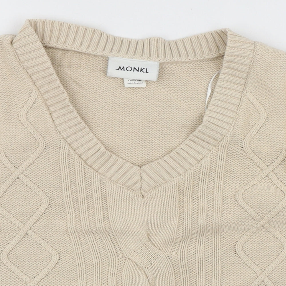 monkl Womens Beige V-Neck  Cotton Vest Jumper Size L   - Cable Knit