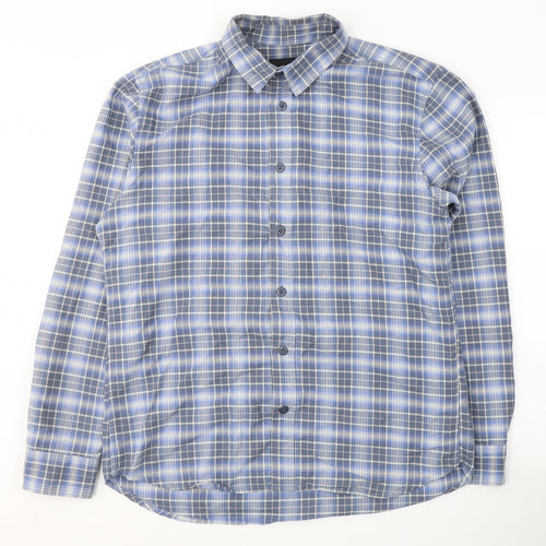 Reverse Mens Blue Plaid Cotton  Button-Up Size XL Collared Button
