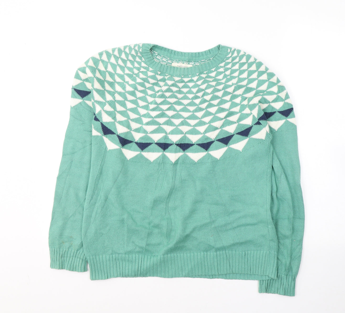 Twothirds Womens Green Round Neck Fair Isle Cotton Pullover Jumper Size S