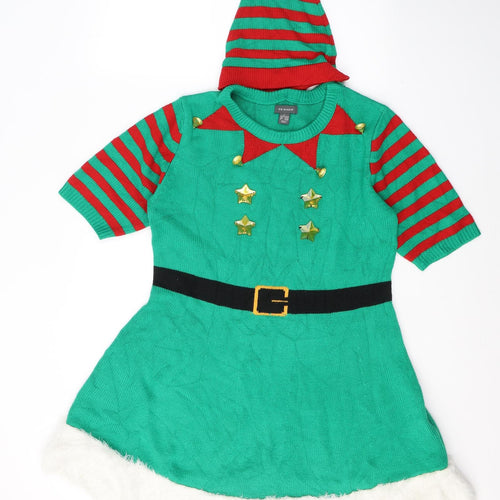 Primark Womens Green Colourblock Acrylic Jumper Dress  Size 14  Round Neck Pullover - Elf costume/Hat Included
