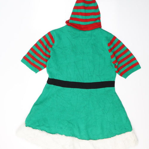 Primark Womens Green Colourblock Acrylic Jumper Dress  Size 14  Round Neck Pullover - Elf costume/Hat Included