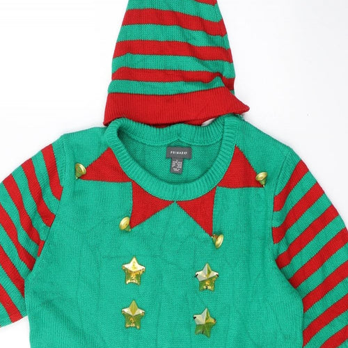 Primark Womens Green Colourblock Acrylic Jumper Dress  Size 14  Round Neck Pullover - Elf costume/Hat Included