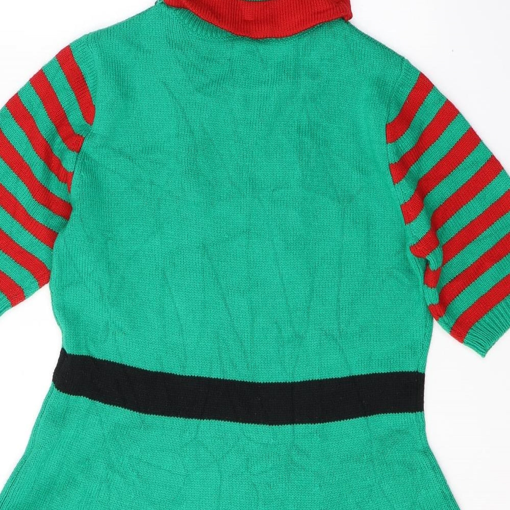 Primark Womens Green Colourblock Acrylic Jumper Dress  Size 14  Round Neck Pullover - Elf costume/Hat Included
