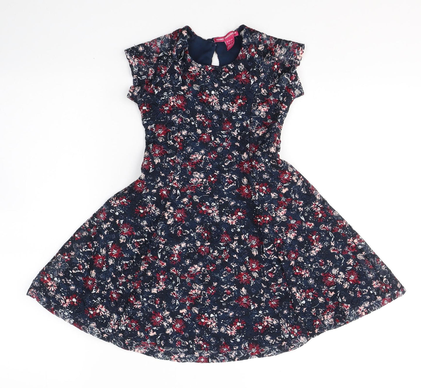 Young Dimension Girls Blue Floral Polyester Fit & Flare  Size 5-6 Years  Round Neck Button