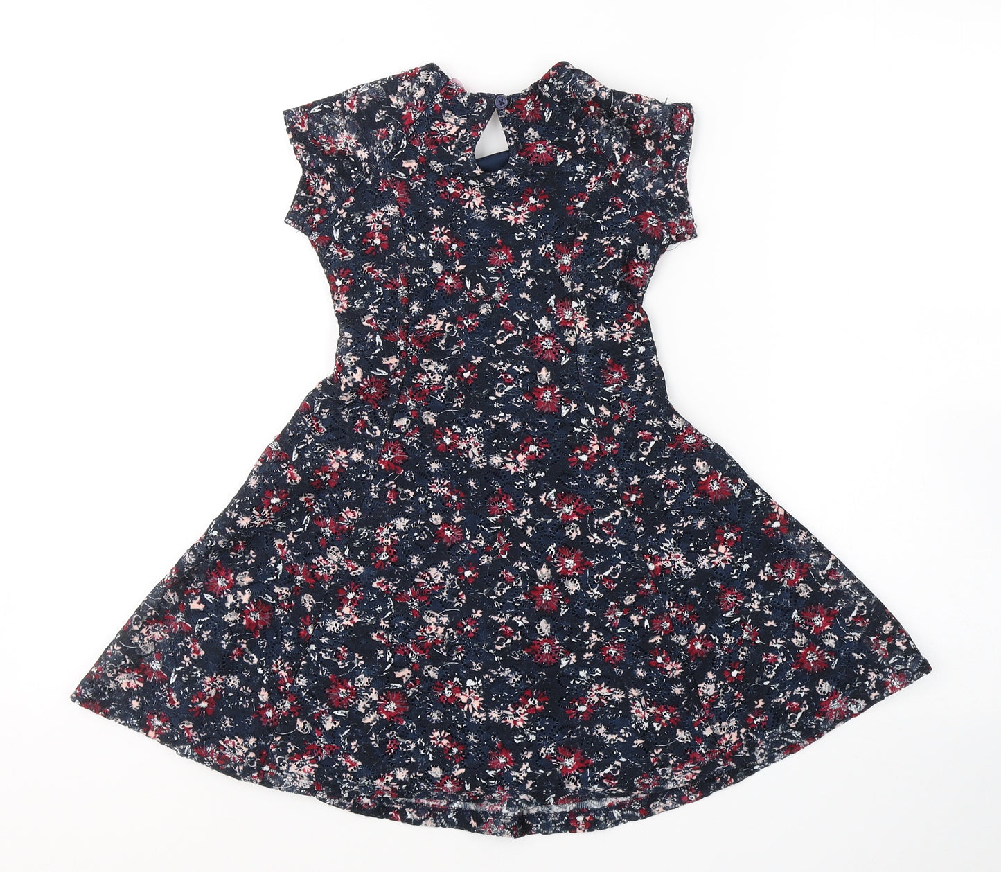 Young Dimension Girls Blue Floral Polyester Fit & Flare  Size 5-6 Years  Round Neck Button