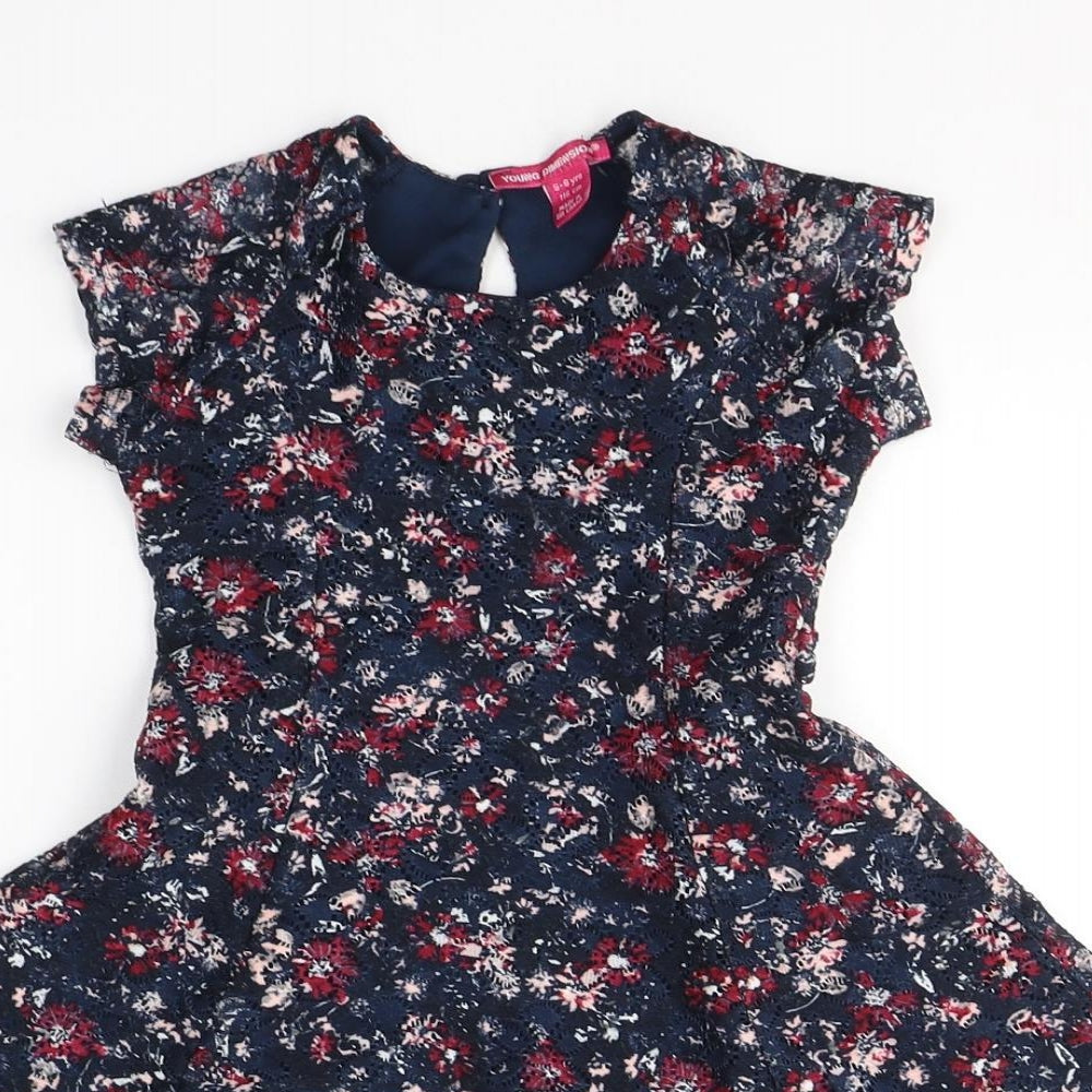 Young Dimension Girls Blue Floral Polyester Fit & Flare  Size 5-6 Years  Round Neck Button