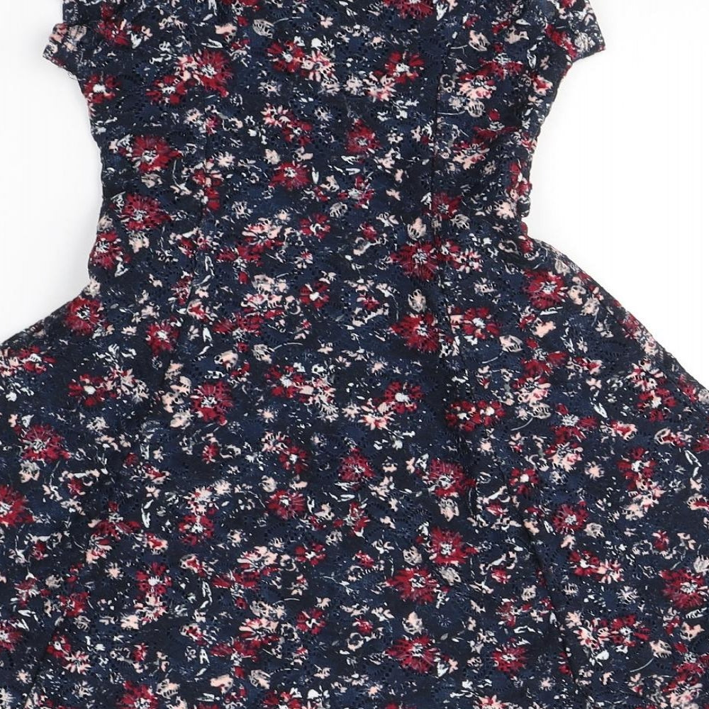 Young Dimension Girls Blue Floral Polyester Fit & Flare  Size 5-6 Years  Round Neck Button