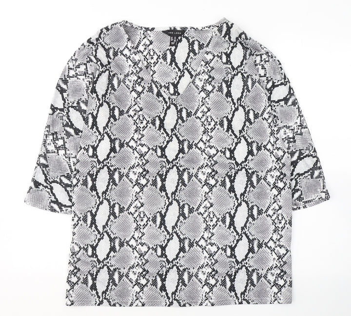 New Look Womens Grey Animal Print Polyester Tunic Blouse Size 10 V-Neck