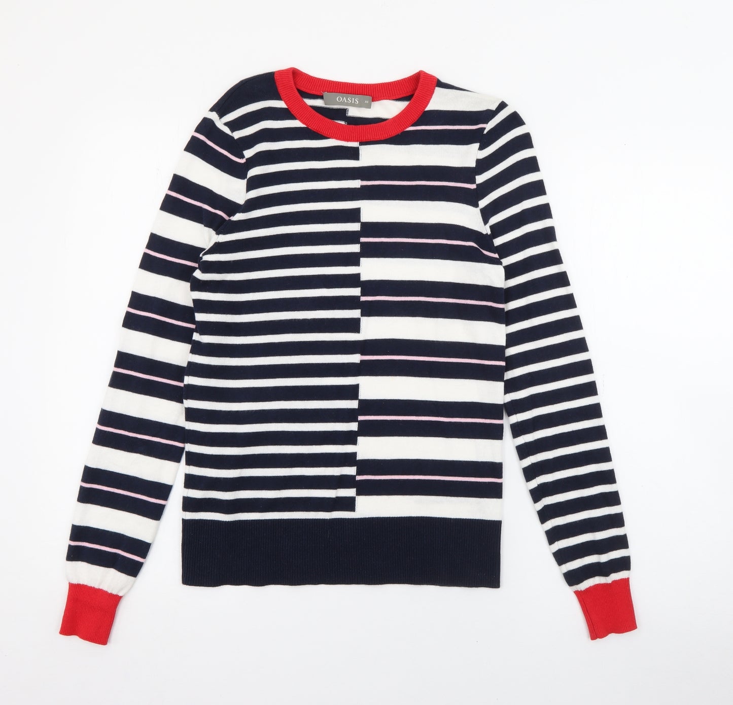 Oasis Womens Blue Crew Neck Striped Cotton Pullover Jumper Size XS