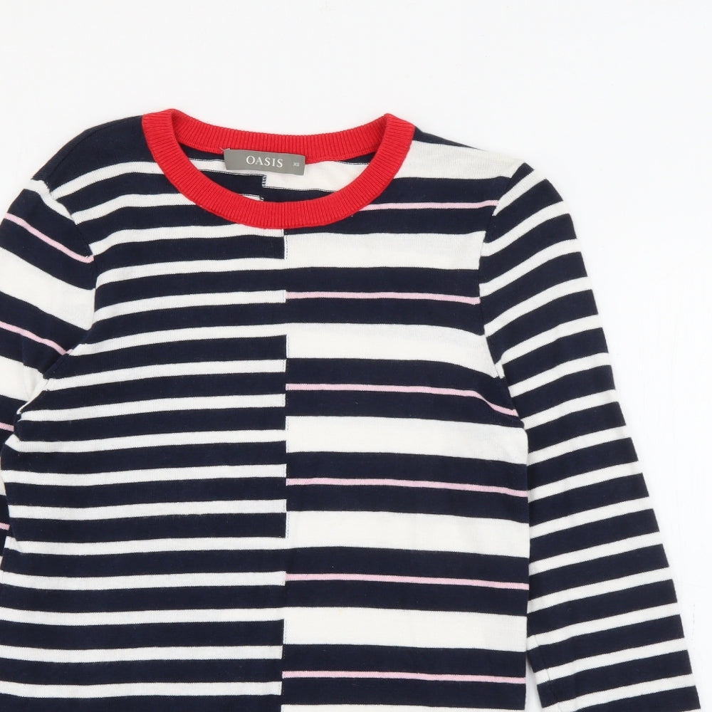 Oasis Womens Blue Crew Neck Striped Cotton Pullover Jumper Size XS