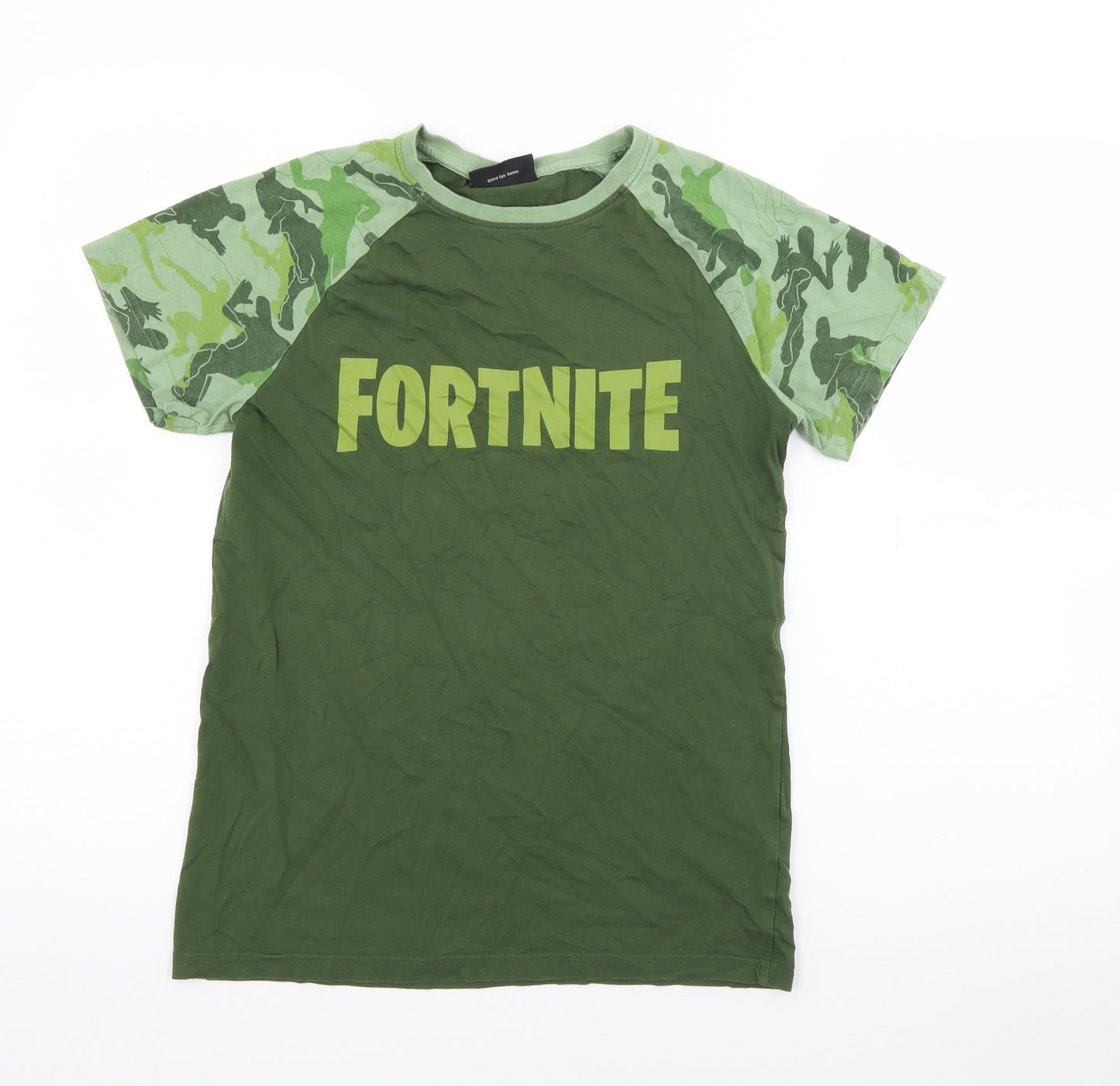 Tesco Boys Green Camouflage Cotton Pullover T-Shirt Size 12-13 Years Crew Neck