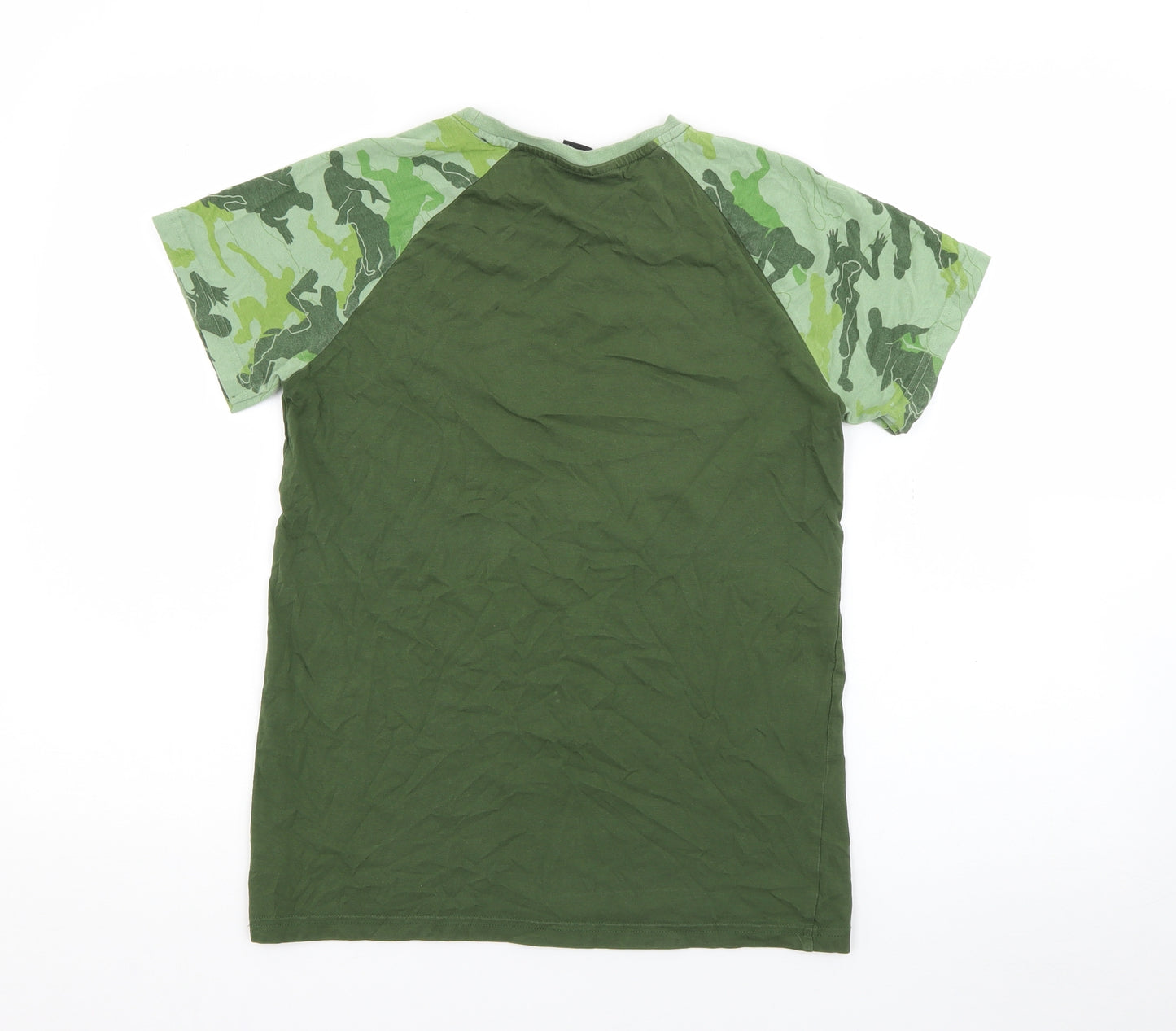 Tesco Boys Green Camouflage Cotton Pullover T-Shirt Size 12-13 Years Crew Neck