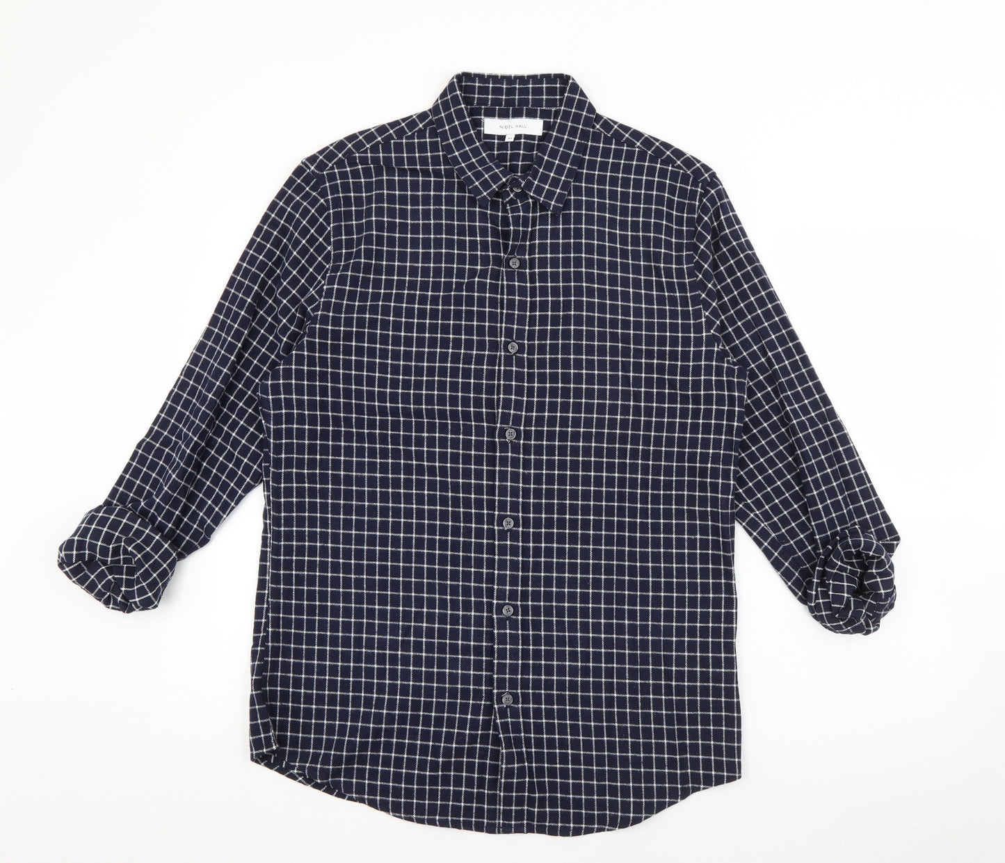Nigel Hall Mens Blue Plaid Cotton  Button-Up Size M Collared Button