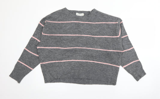 Front view of H&M women’s grey crew neck striped polyester jumper, size S