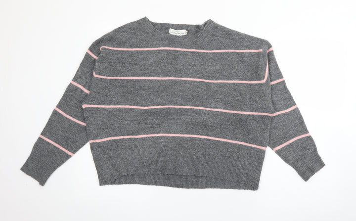 H&M Womens Grey Crew Neck Striped Polyester Pullover Jumper Size S