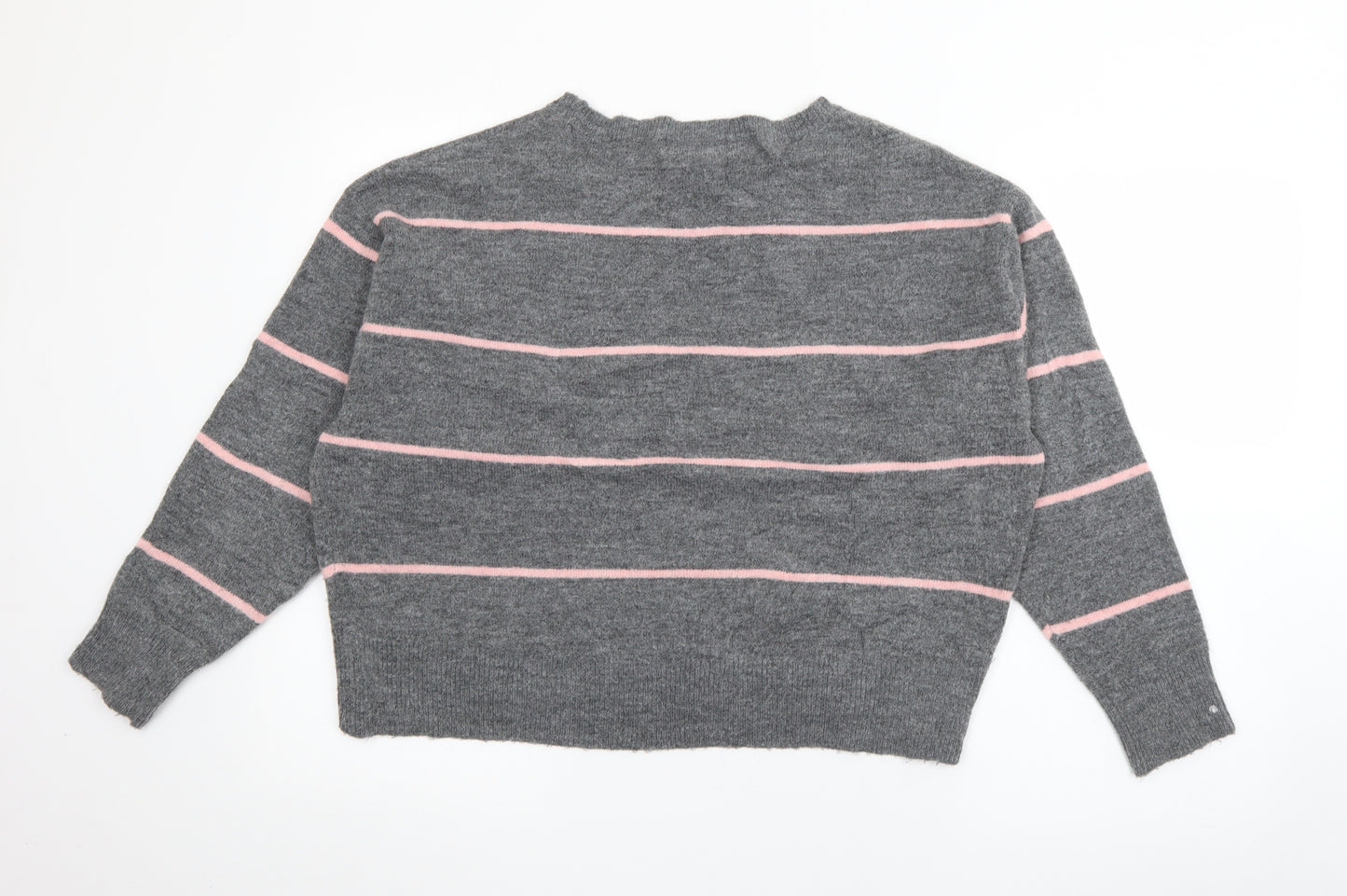 H&M Womens Grey Crew Neck Striped Polyester Pullover Jumper Size S