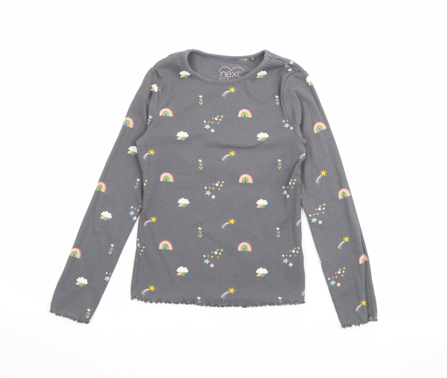 NEXT Girls Grey Crew Neck Geometric Cotton Pullover Jumper Size 5-6 Years   - Rainbow