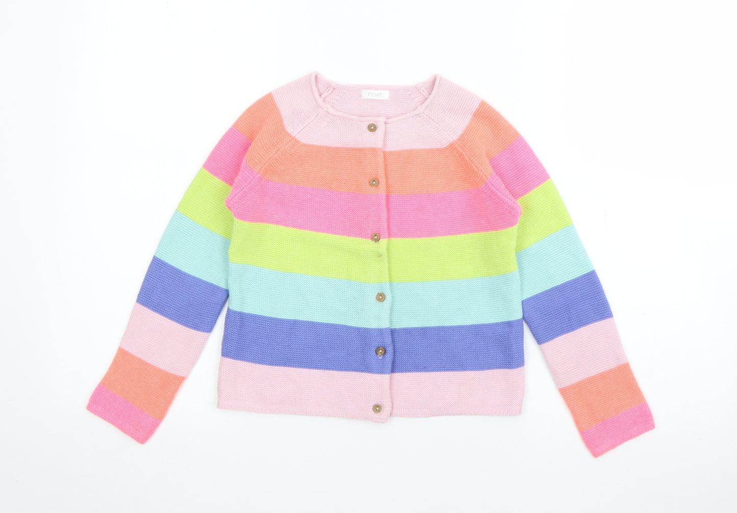 NEXT Girls Multicoloured Round Neck Striped Cotton Cardigan Jumper Size 6-7 Years  Button