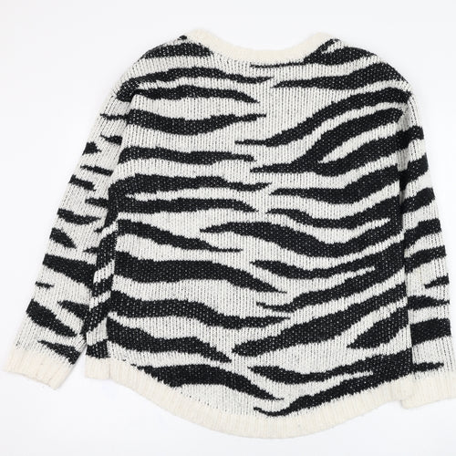 TU Womens Ivory Round Neck Animal Print Acrylic Pullover Jumper Size 14