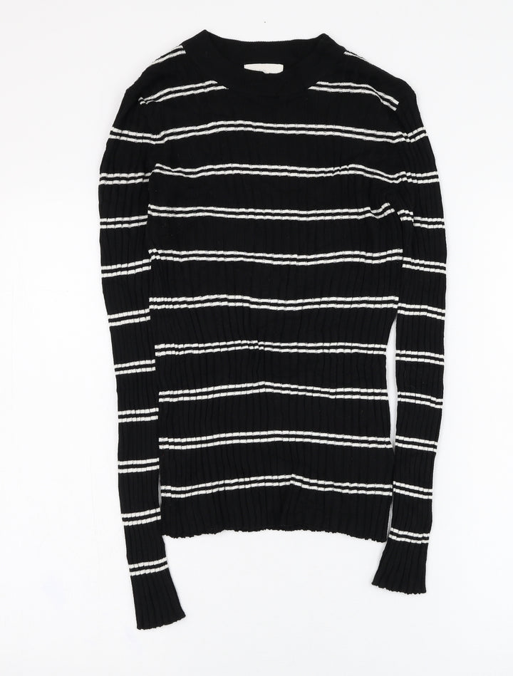 H&M Womens Black Round Neck Striped Acrylic Pullover Jumper Size S