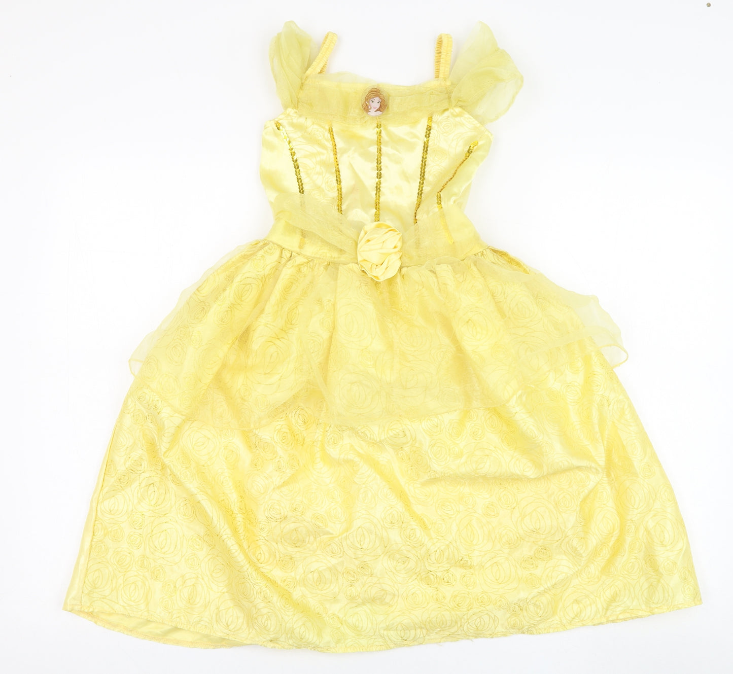 F&F Girls Yellow  Polyester Skater Dress  Size 5-6 Years  Square Neck Pullover - Disney, Belle, Beauty and The Beast