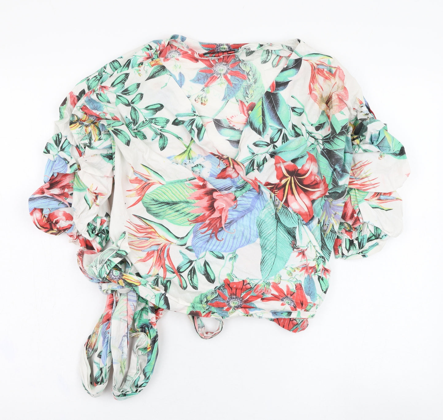 Misspap Womens White Floral Cotton Wrap Blouse Size S V-Neck